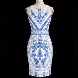 Gianni Bini Blue and White Patterned Midi Dress